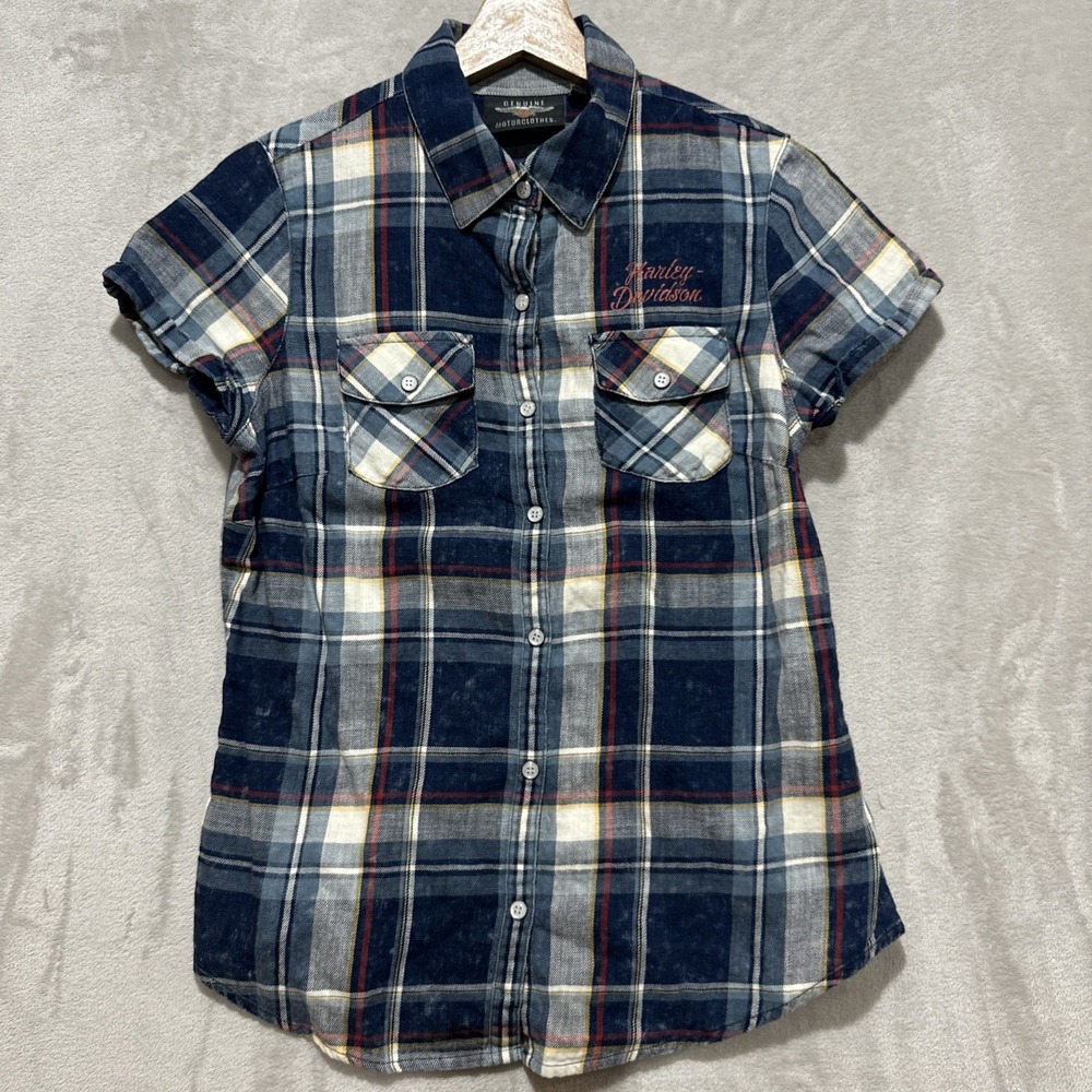 Harley Davidson Plaid Womens Size S Snap Button Down Shirt Short Sleeve Collared